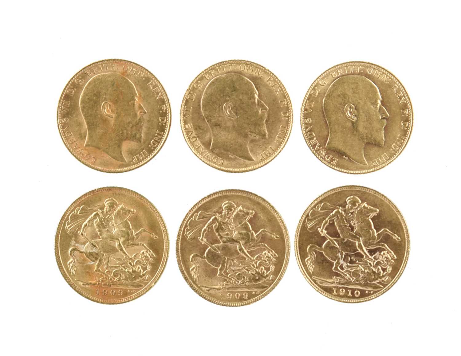 Edward VII, gold sovereigns (3): 1909 (2), 1910, London Mint (S 3969), good very fine. [3] 22.1mm