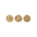 George V, gold sovereigns (3): 1915, London Mint (S 3996); 1916, Sydney Mint (S 4003); 1918, Perth