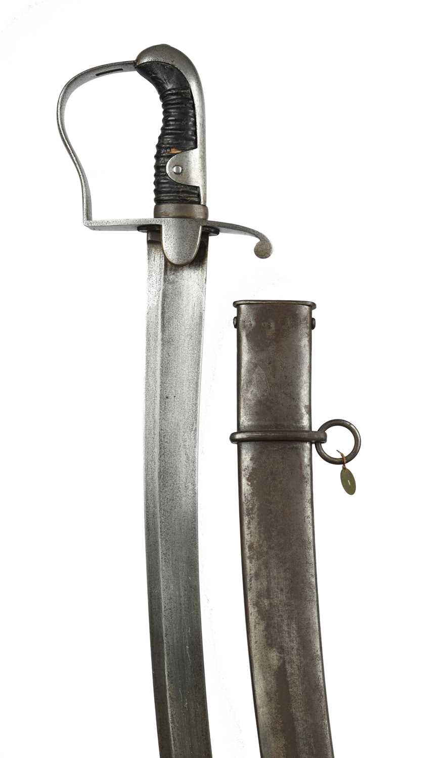 A British 1796 pattern light cavalry trooper's sword, broad curved blade 32 in., steel stirrup hilt,