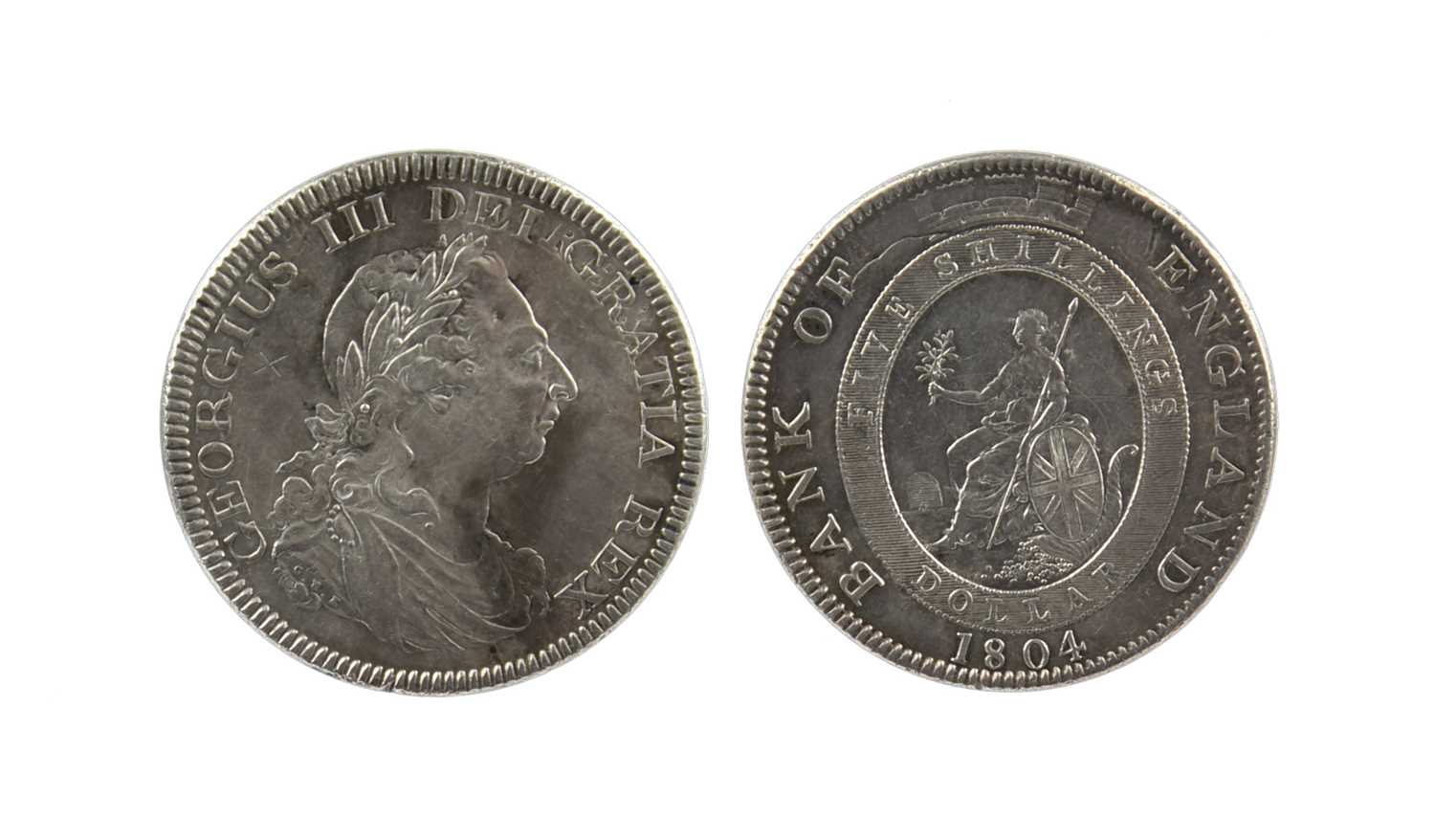 George III, silver dollar, 1804, Bank of England issue, details of Spanish donor coin visible in