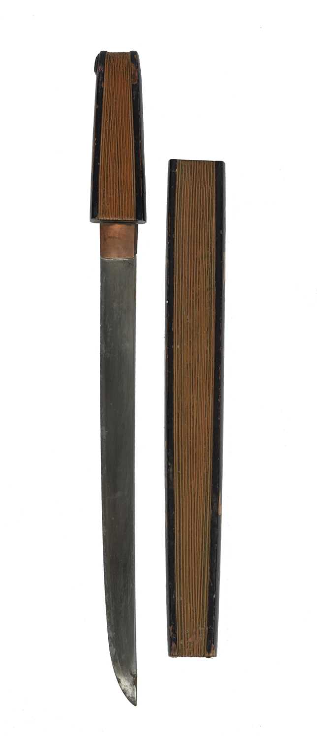 A Japanese dagger modelled as a fan (sento), blade 10.75 in., hira-zukuri, plain copper habaki,