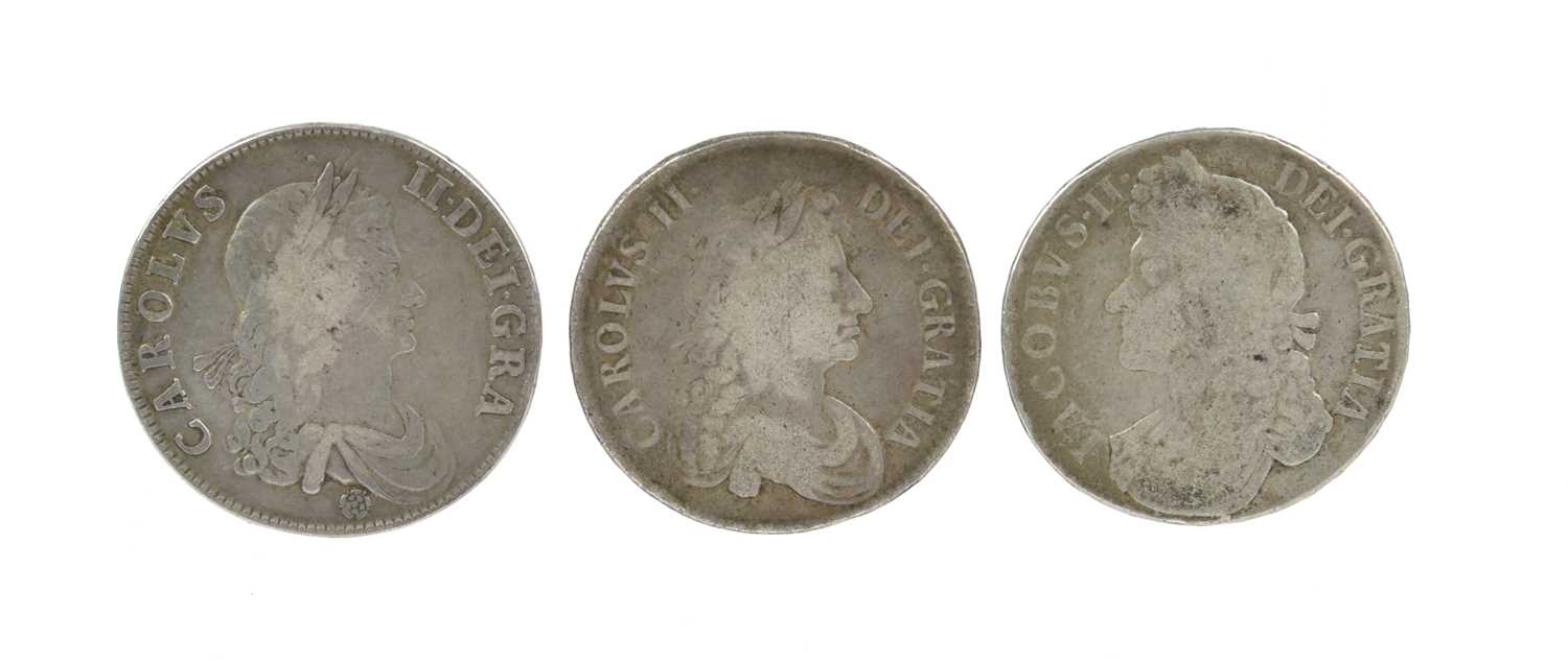 Charles II, silver crown, 16625, rose below bust, undated edge (S 3350), fine; Crown, 1672 (S 3358),