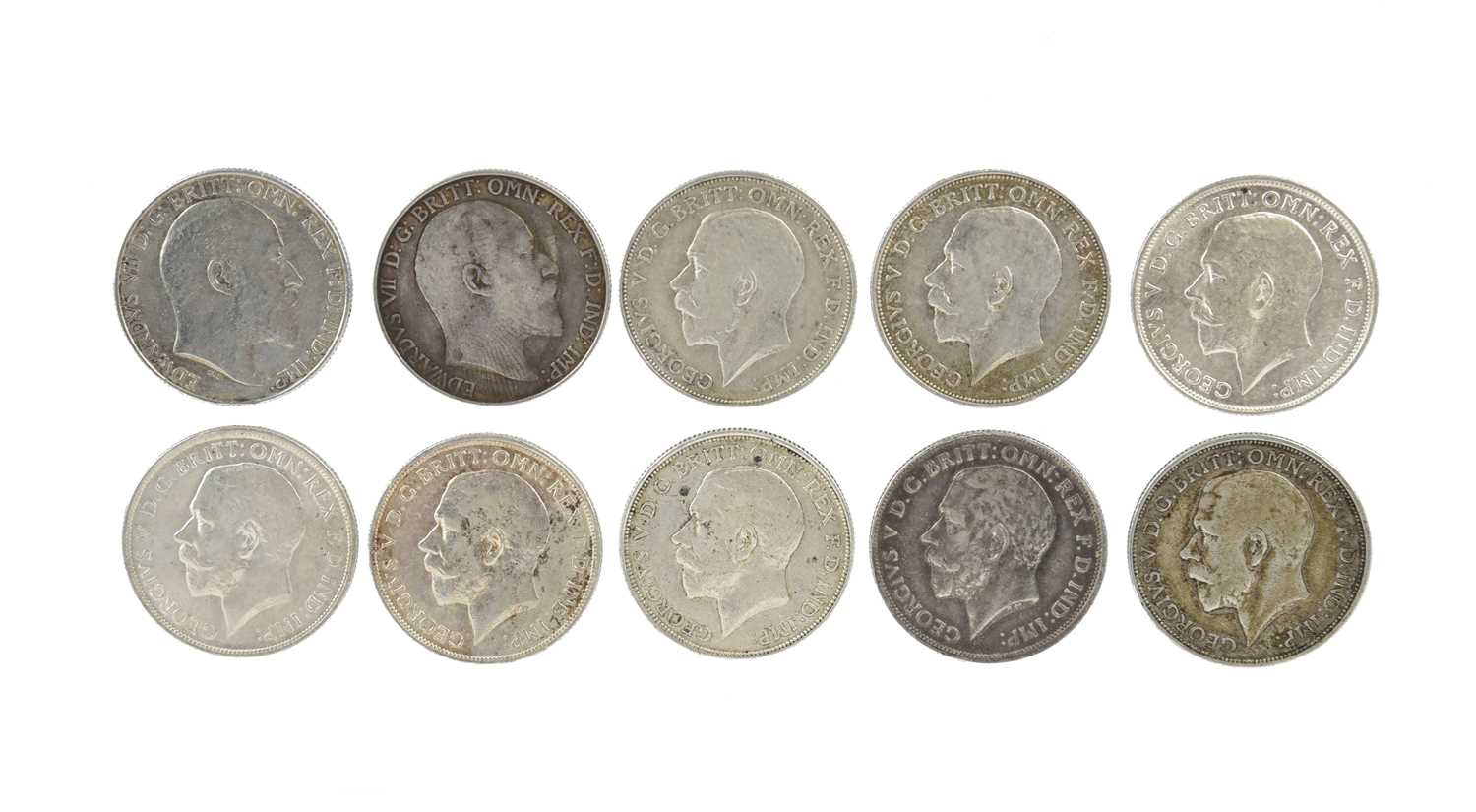 English silver florins (10): Edward VII, 1902, 1905 (S 3981), good very fine and good fine; George