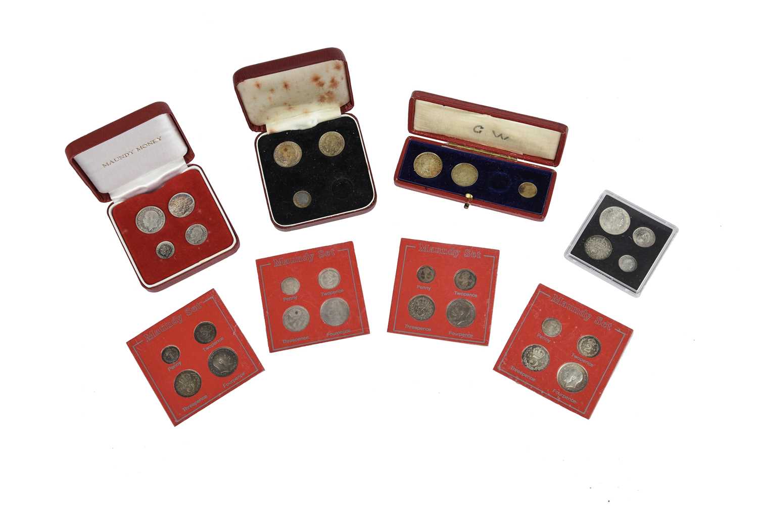 A small collection of silver maundy money in composed and/or incomplete sets, comprising: