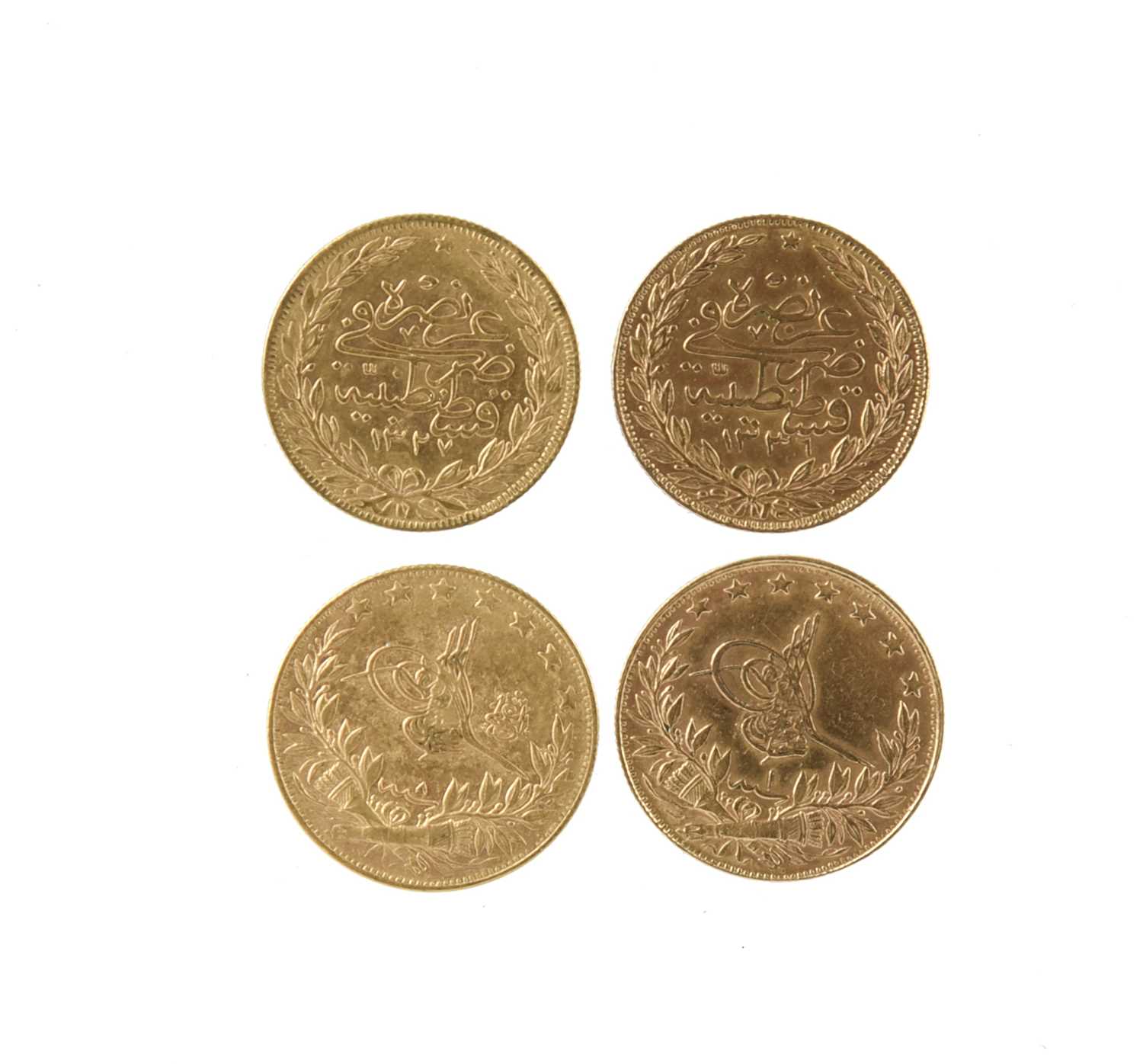 Ottoman Turkey: Mohammed V, gold 100 piastres, accession year 1327 AH (1909 AD), regnal year 8, '