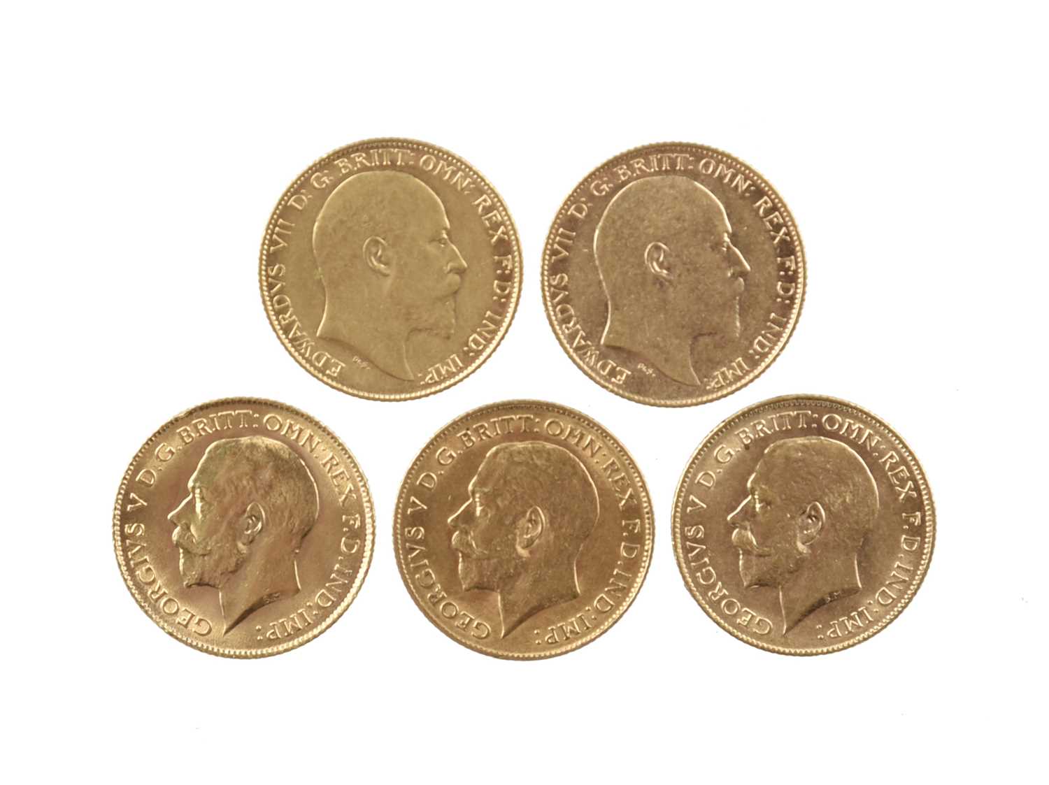 Edward VII, gold half-sovereigns (2), 1908 and 1910 (S 3974B), good very fine; and George V, gold