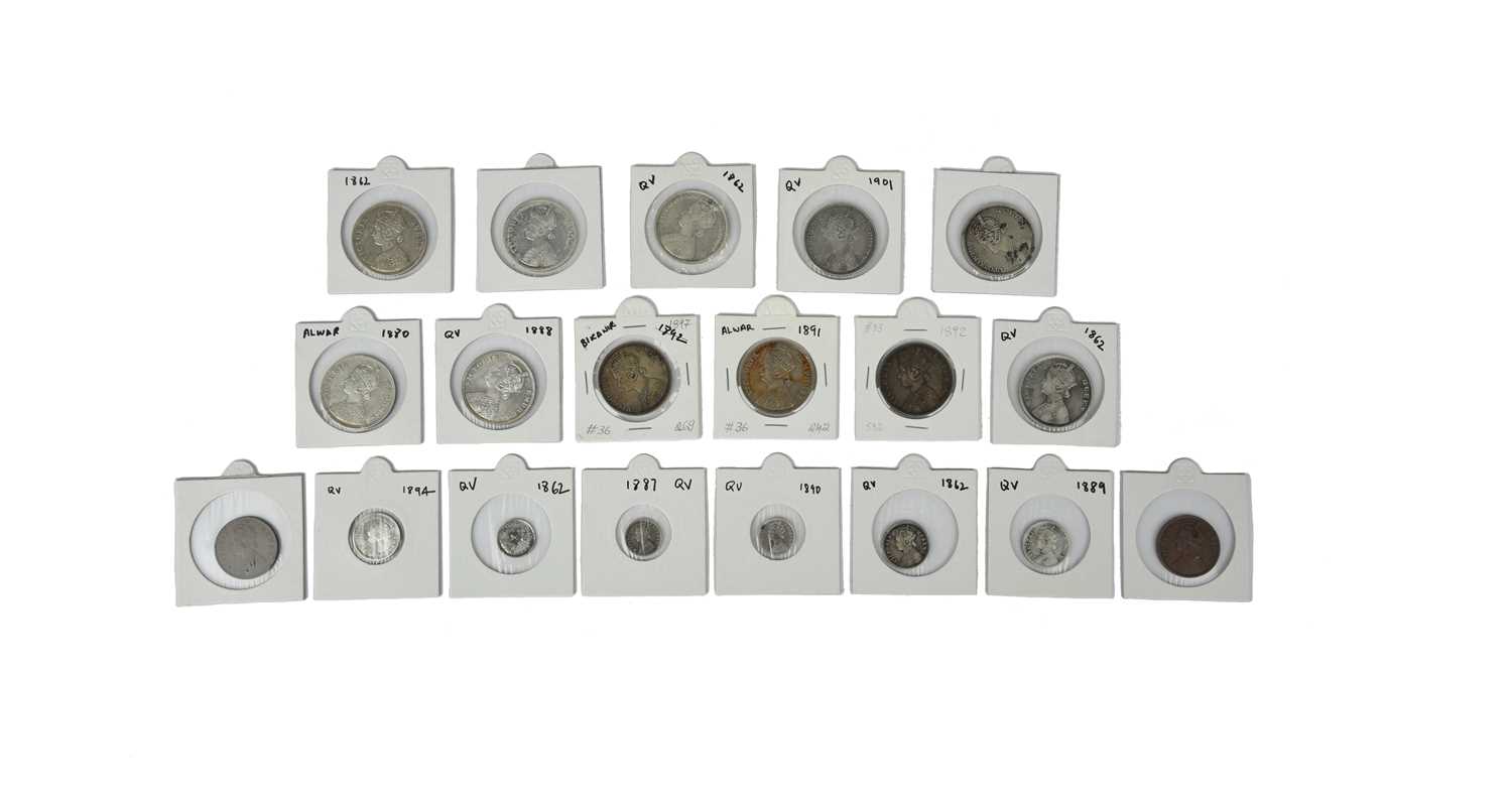 British India: a small quantity of coins, comprising: Victoria, silver rupees, 1862 (3), 1874 (2),