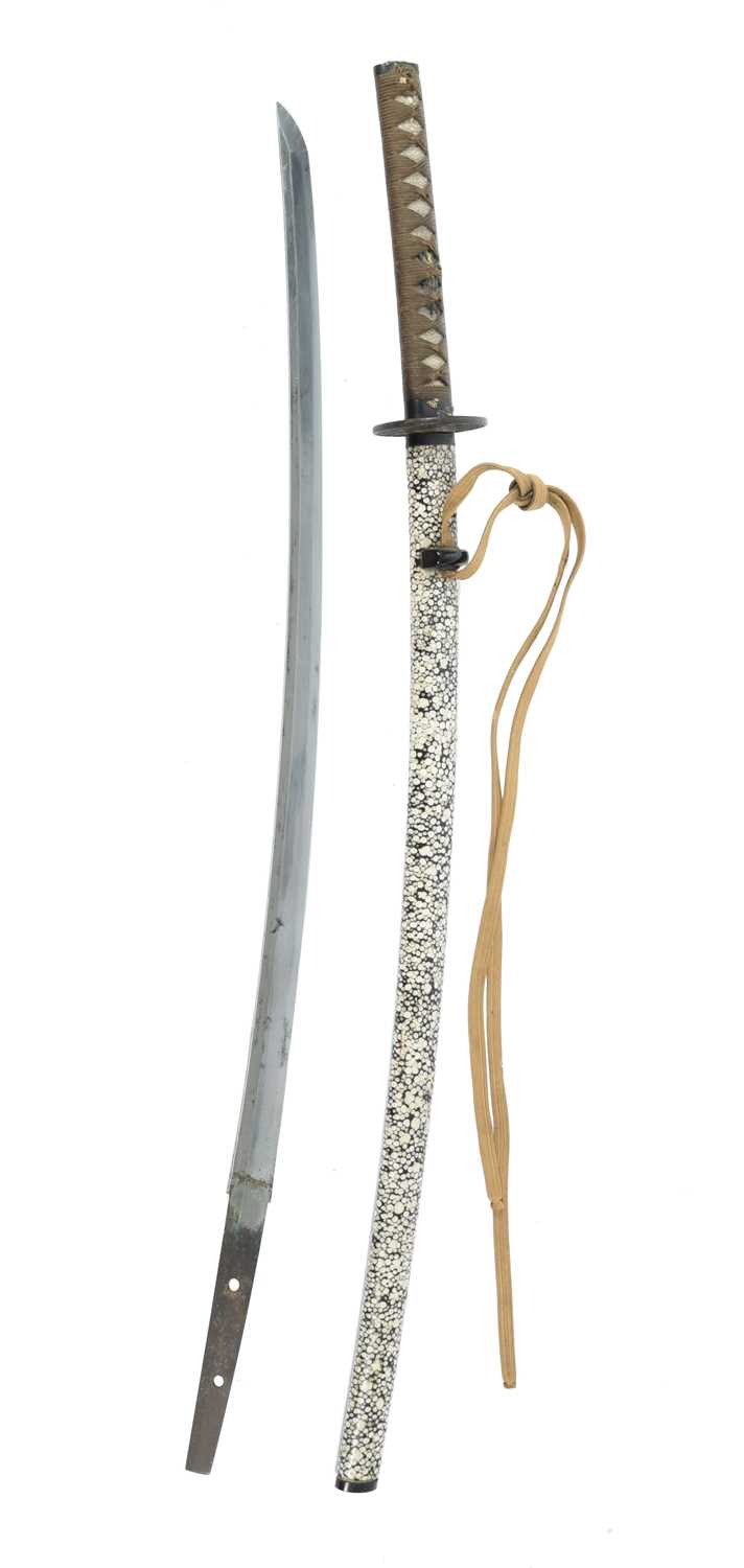 A Japanese sword (katana), late koto blade 25 in., hon-zukuri, hamon based on suguha, gilt copper