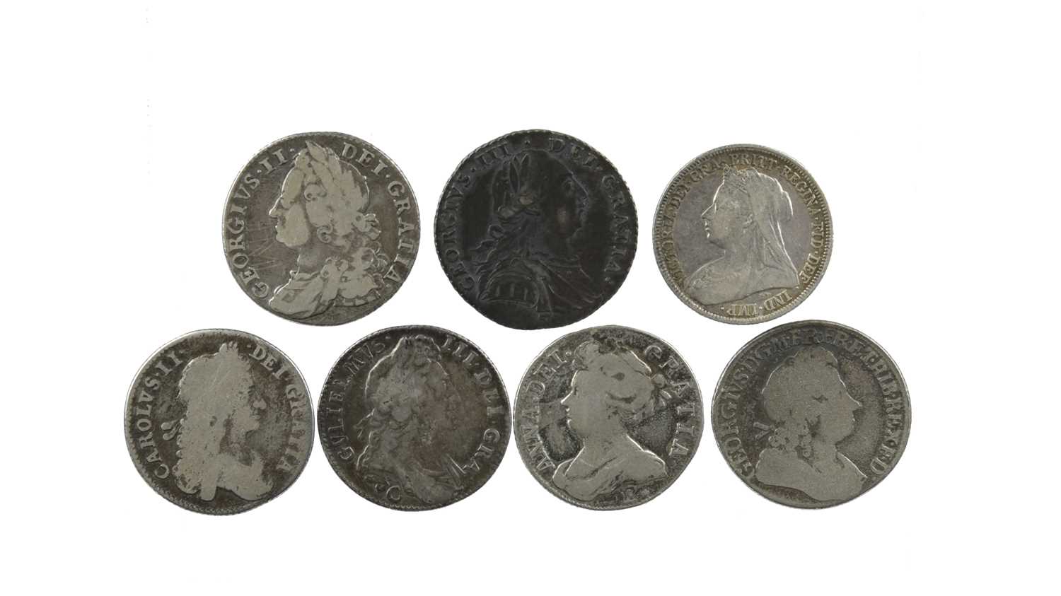 A small collection of British silver shillings, comprising: Charles II, 166?, first bust (S 3371