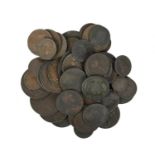 A quantity of late Stuart, Hanoverian and Victorian copper coins, mainly in low grades. [qty]