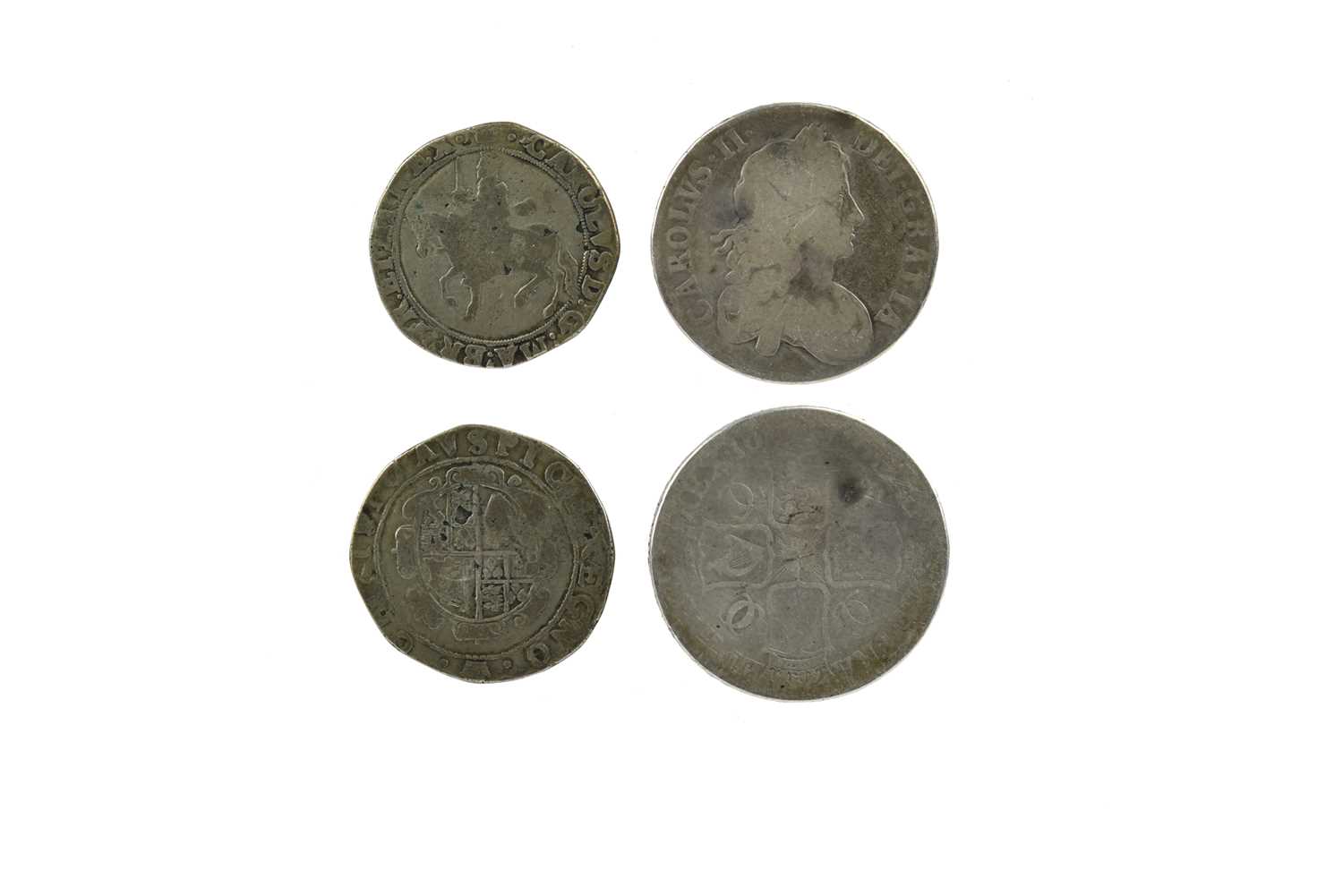 Two Stuart silver coins: Charles I, halfcrown, Tower under the King, rev. oval garnished shield, mm.