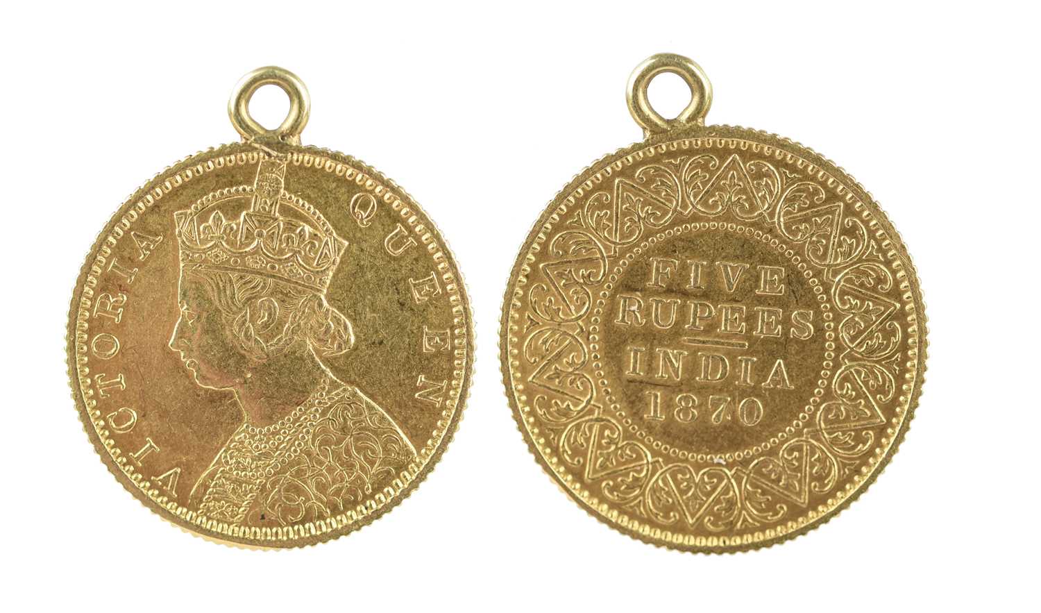 British India: Victoria, gold five rupees, 1870 (F 1603), with soldered suspension loop, otherwise