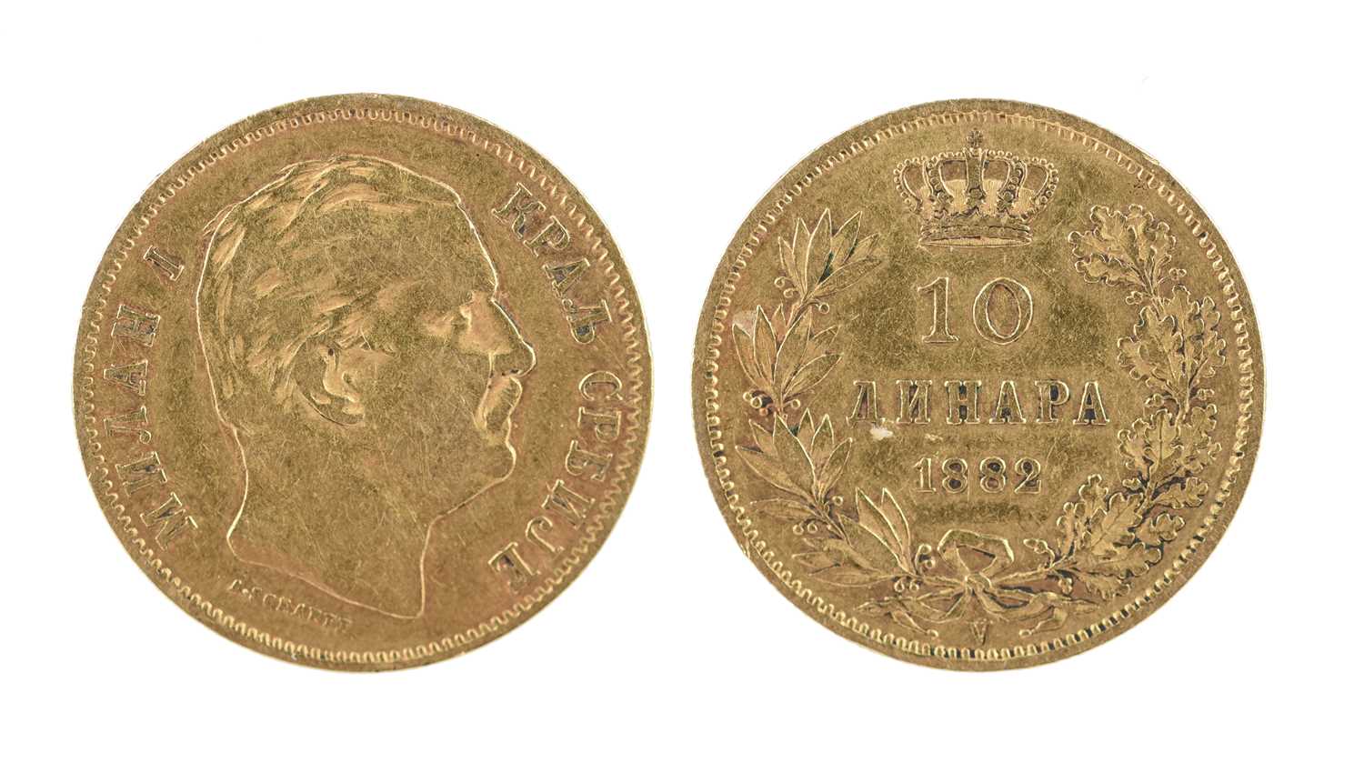 Serbia: Milan Obrenovich IV, gold 10 dinars (F 5), near very fine. 19.1mm diameter