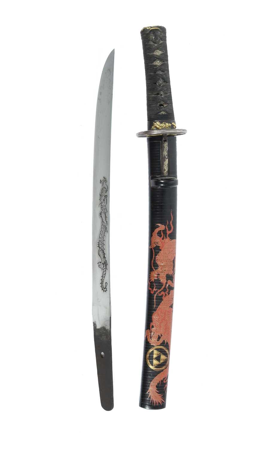 A Japanese dagger (ko-wakizashi), blade 13.25 in., hira-zukuri with horimono in the form of a