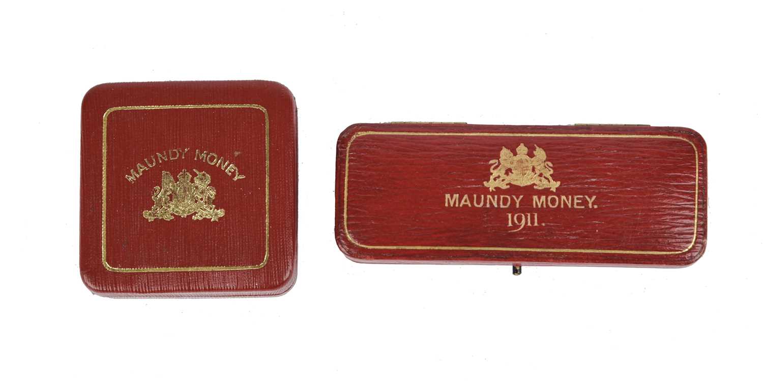 George V, two silver maundy sets: 1911 (S 4016), in contemporary dated case of issue, mottled toning - Image 2 of 2