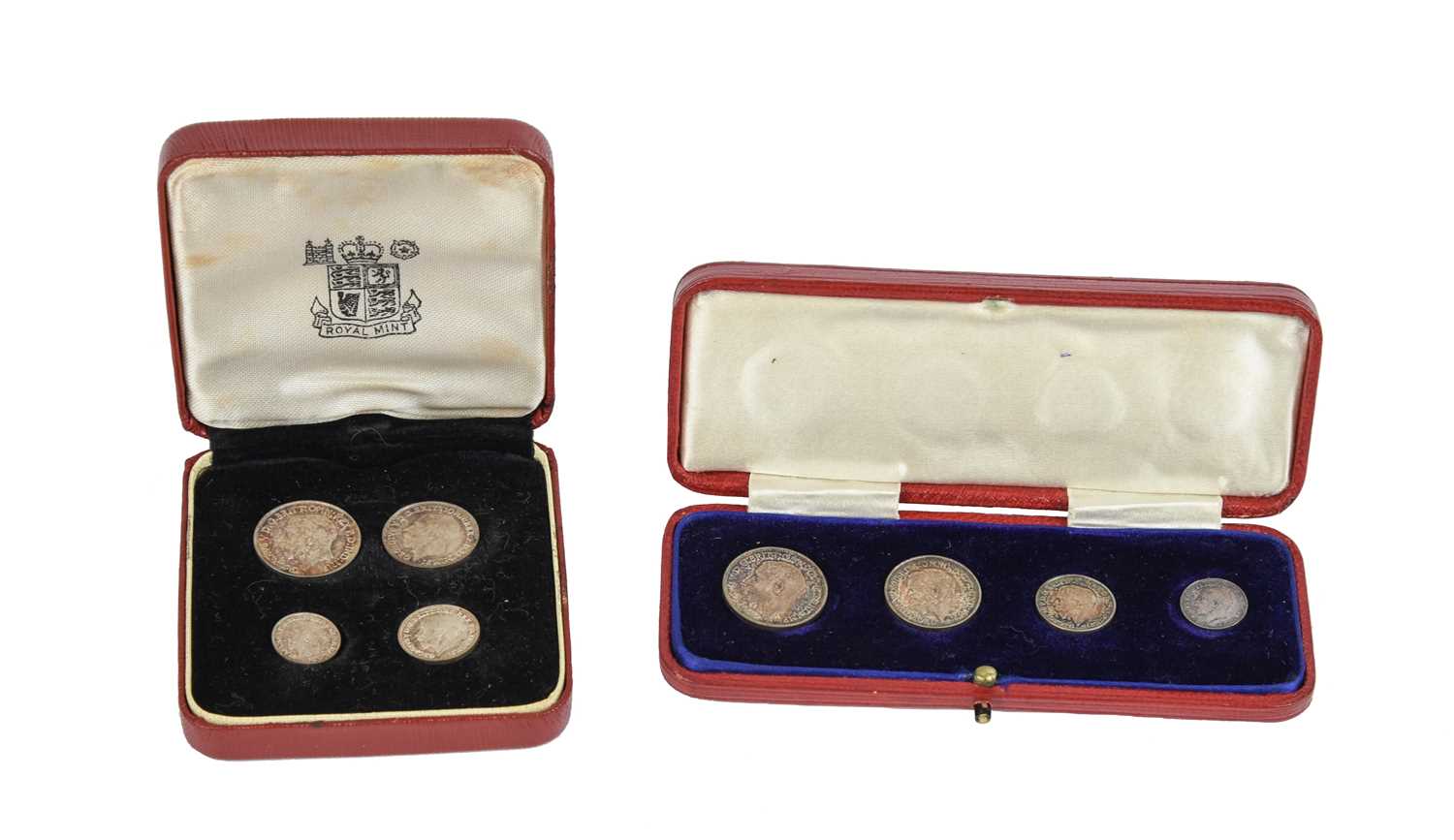 George V, two silver maundy sets: 1911 (S 4016), in contemporary dated case of issue, mottled toning