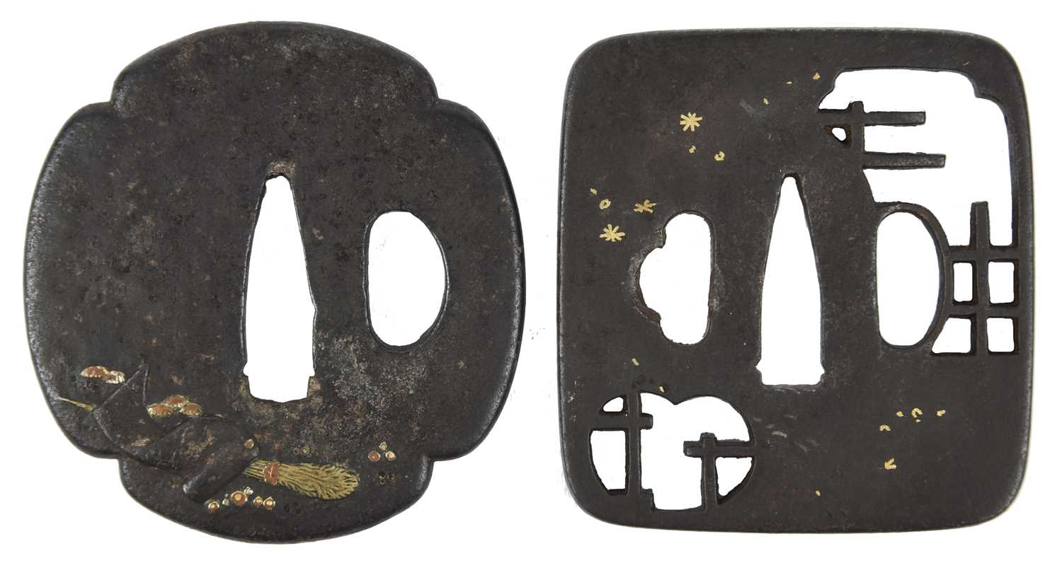 A collection of Japanese sword fittings, comprising: Three Japanese iron sword guards (tsuba), - Image 2 of 15
