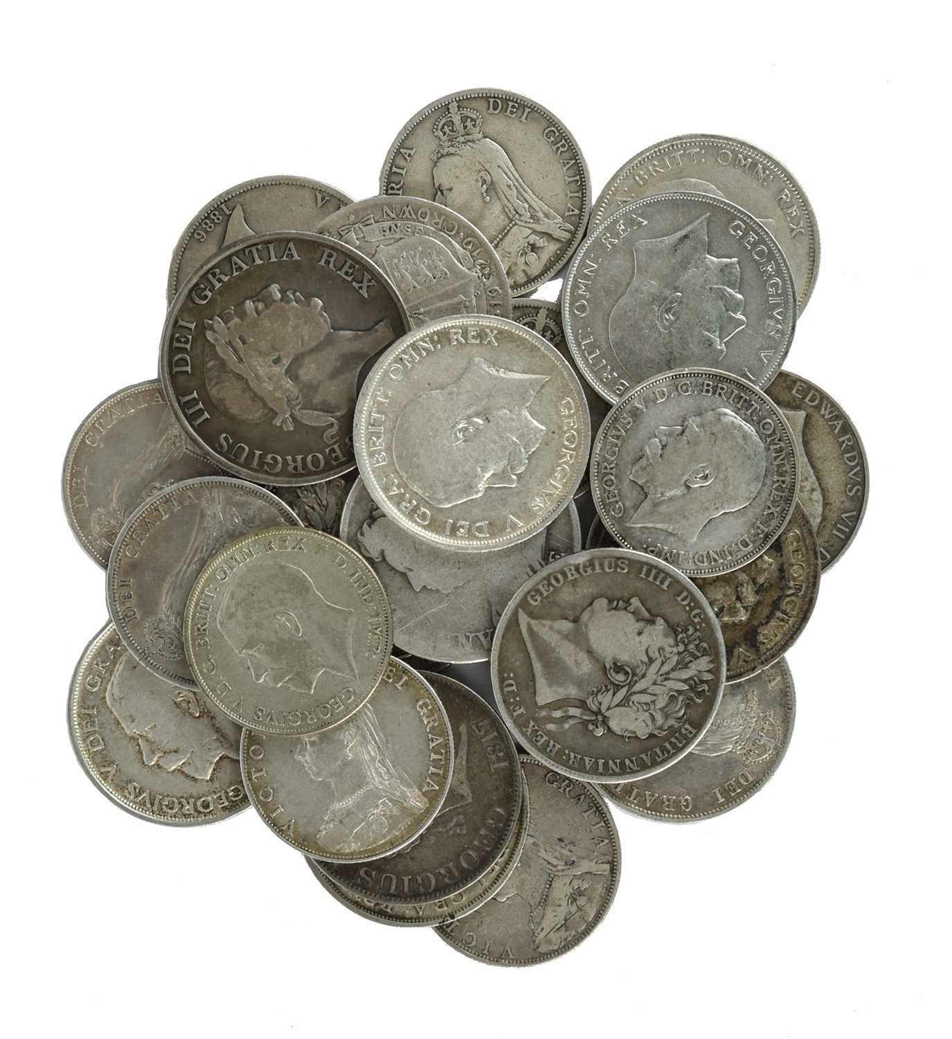 A quantity of British silver coins, comprising: half crowns (15) including Anne, 1707, Edinburgh (