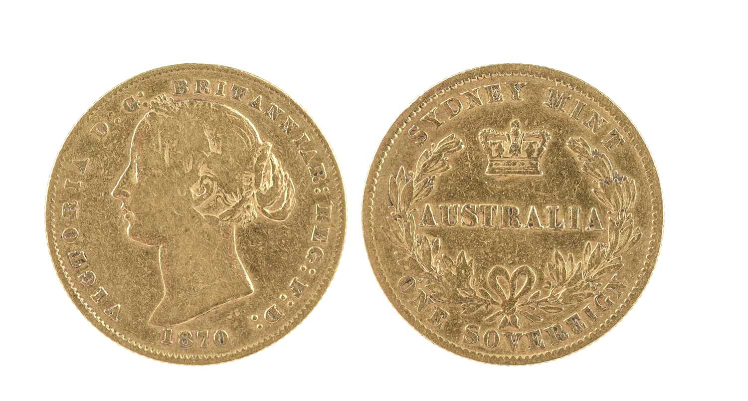 Australia: Victoria, gold sovereign, 1870, Sydney (F 10), about fine. 22.16mm diameter