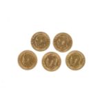 George V, gold half sovereigns (5), 1911, 1912, 1913, 1914 and 1915, London Mint (S 4006), nearly