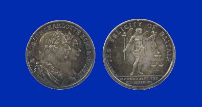 George III, marriage to Charlotte 1761, a silver medal by J. Kirk, conjoined busts right, rev.