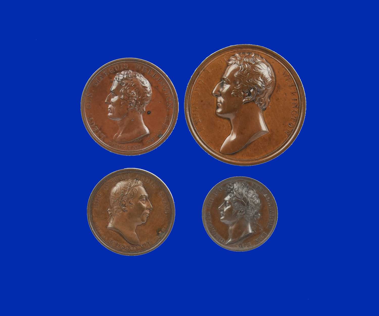 Four copper medals, vis.: British Army Enters Madrid 1812, by T. Wyon Sr., head of Wellington