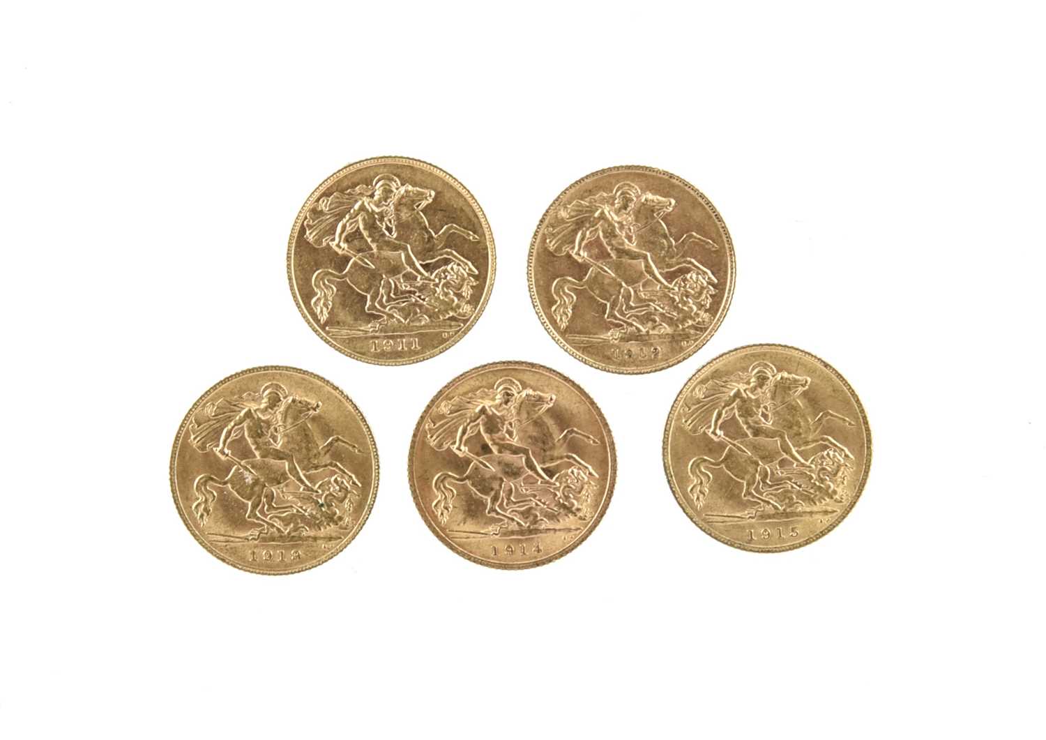George V, gold half sovereigns (5), 1911, 1912, 1913, 1914 and 1915, London Mint (S 4006), nearly - Image 2 of 2