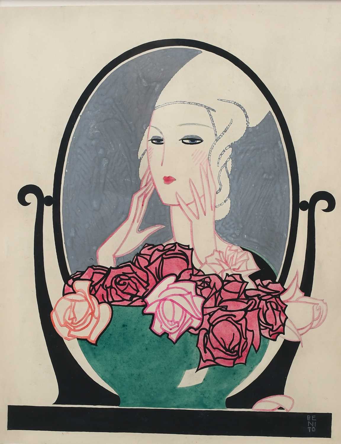 Φ Eduardo Benito (Spanish 1891-1981) Magazine cover design with an elegant lady looking at herself