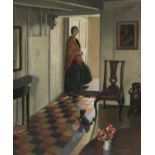 Harold Harvey (1874–1941) Interior with a woman standing in a doorway Signed and dated Harold