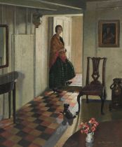 Harold Harvey (1874–1941) Interior with a woman standing in a doorway Signed and dated Harold
