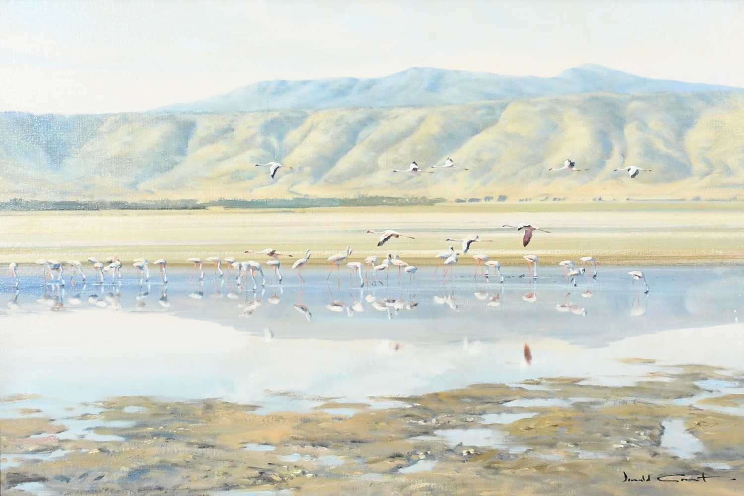 Φ Donald Grant (1924-2001) Flamingos at a watering hole Signed Donald Grant (lower right) Oil on