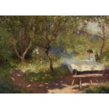 Joseph Longhurst (1874–1922) A picnic table in the woods Signed Joseph Longhurst (lower left) Oil on