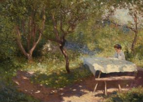 Joseph Longhurst (1874–1922) A picnic table in the woods Signed Joseph Longhurst (lower left) Oil on