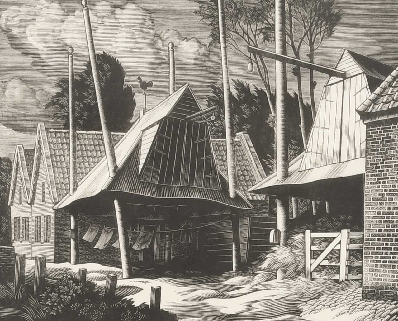 Φ George Mackley RE (1900-1983) Haybarns at Eemdijk Wood engraving 10.3 x 12.8cm (image) Provenance: