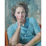 Φ Arthur Henry Knighton-Hammond (1875-1970) Portrait of a lady seated, wearing a blue jacket