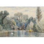 Rex Whistler (1905-1944) Lake landscape with a swan, possibly Redgrave Park, Suffolk Signed and
