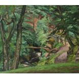 Φ Henry N. Almond (1918–2000) Figures crossing a wooded stream Signed H. N. ALMOND (lower right) Oil