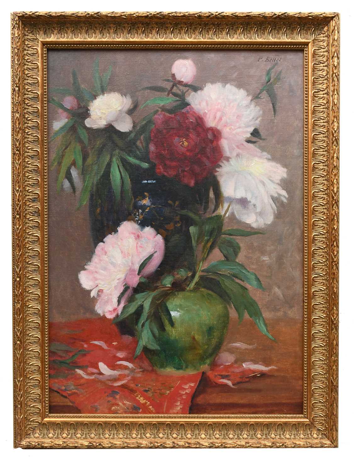 Pierre Auguste Bellet (French 1865-1924) Still life with peonies in two vases Signed P. Bellet ( - Image 2 of 4