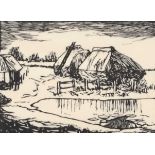 Φ Stephen Bone (1904-1958) Haystacks by a pond Signed Stephen Bone (in pencil to margin) Wood