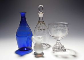 Two glass decanters with one stopper, c.1800, of mallet shape, one gilded 'Rum' beneath a