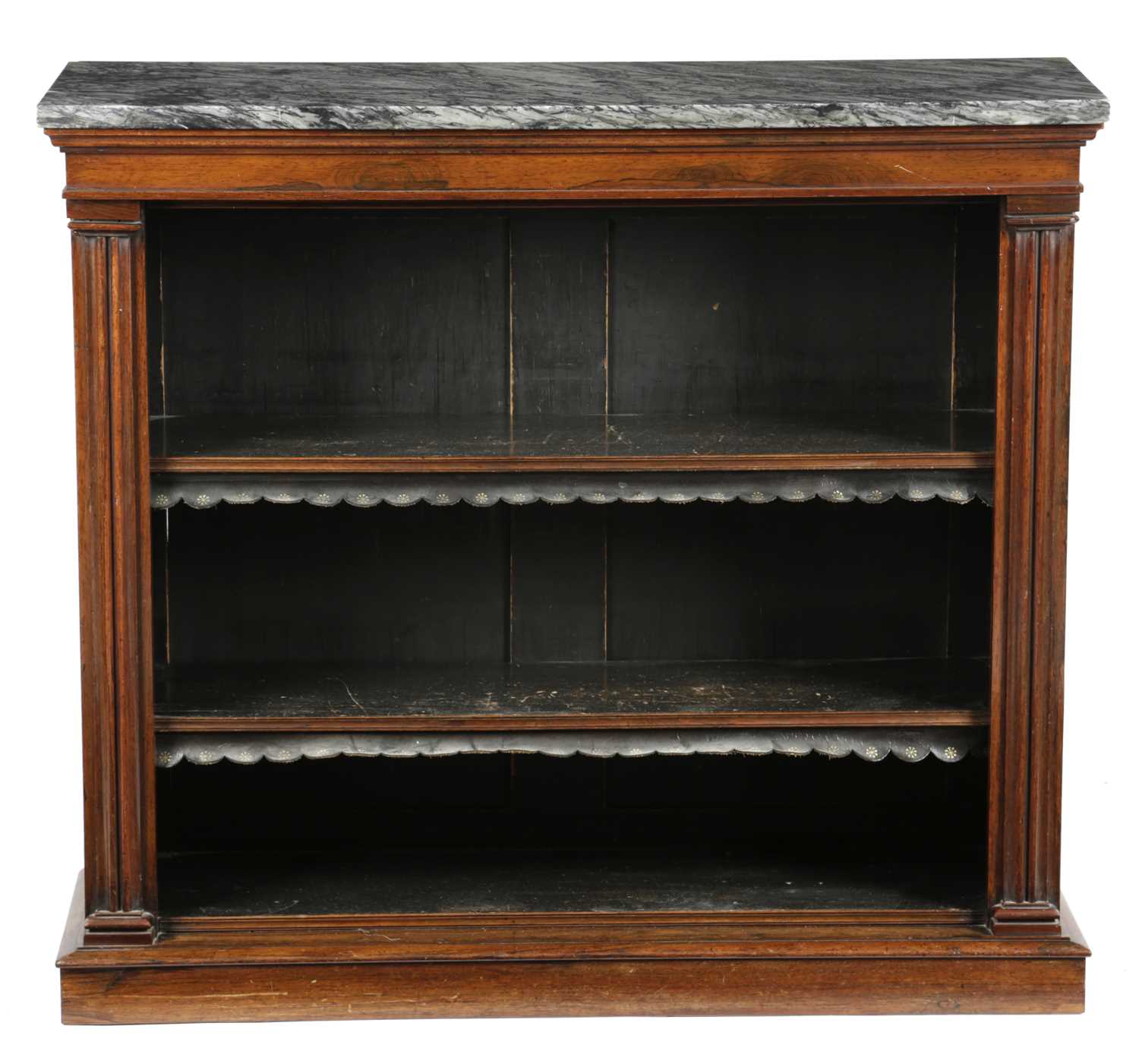 λ A GEORGE IV ROSEWOOD OPEN BOOKCASE C.1825 with a mottled grey marble top above two adjustable