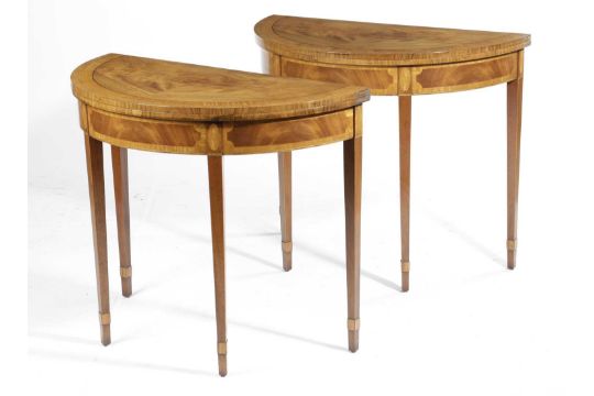 A PAIR OF MAHOGANY DEMI-LUNE TEA TABLES SECOND HALF 20TH CENTURY inlaid with stringing, the fold- - Image 2 of 4