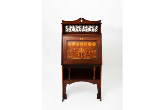 An Art Nouveau Shapland and Petter Peacock mahogany bureau, fall front desk with marquetry peacock - Image 1 of 2