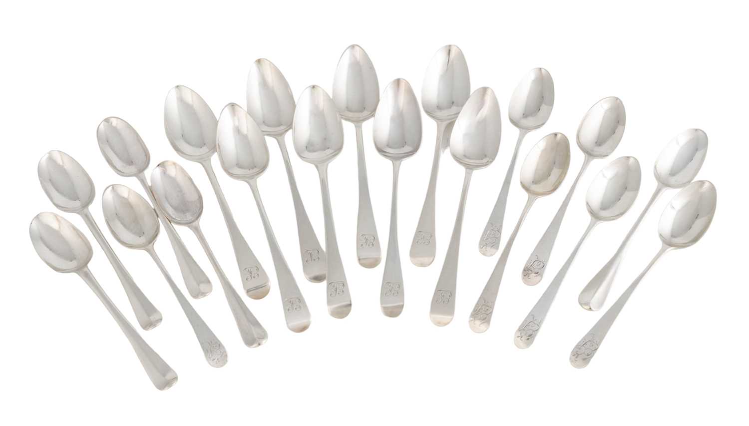 A collection of antique silver teaspoons, various dates, makers and patterns, comprising: a set of