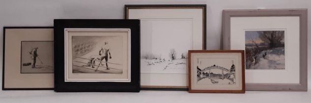 Five framed drawings, etchings and prints, to include: Ian Cruikshank - pencil study of figures on a