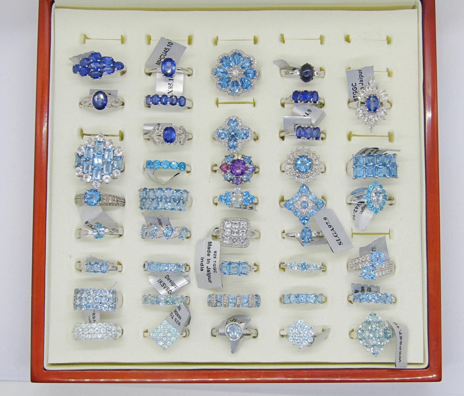 Collection of blue - turquoise coloured gem set silver dress rings, to include kyanite, star