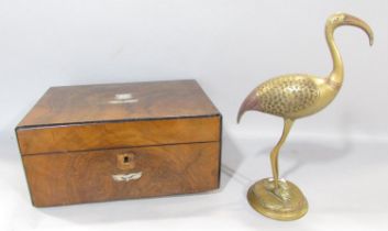 An Indian brass crane with incised feathers and beak and a 19th century walnut box