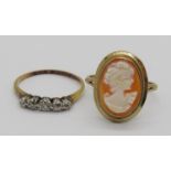 1930s 18ct five stone diamond ring, shank stamped 'Welsh Gold', size K/L, 1.8g and a 1990s 9ct cameo