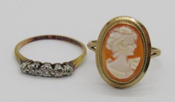 1930s 18ct five stone diamond ring, shank stamped 'Welsh Gold', size K/L, 1.8g and a 1990s 9ct cameo