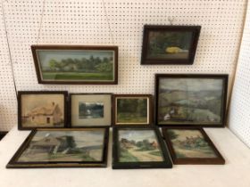 Nine 19th-20th century framed paintings and drawings of countryside scenes and themes, to include: